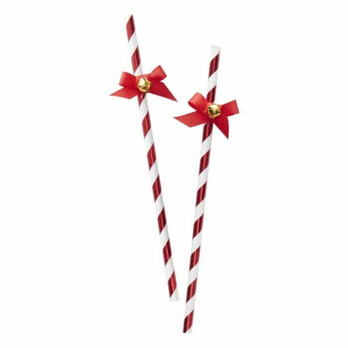 PAILLE RAYE BLANC ET ROUGE AVEC NOEUD ROUGE ET CLOCHETTE (x10)