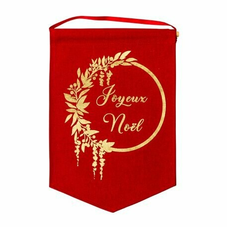 SUSPENSION JOYEUX NOEL LIN ROUGE FLOQUE OR 20X30CM