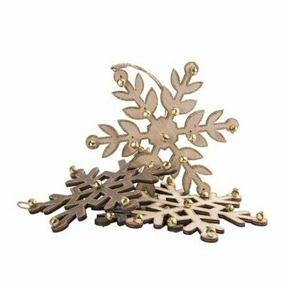 FLOCON EN BOIS NATUREL ET CHOCOLAT AVEC GRELOTS ET PAILL OR 18X18CM (x4)