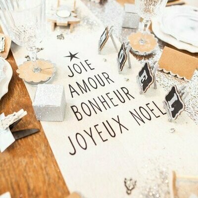 CHEMIN DE TABLE "JOIE AMOUR BONHEUR JOYEUX NOEL" LIN FLOQUE NOIR 28CMX5M