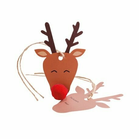 ETIQUETTE CADEAU RUDOLPH NEZ POMPON ROUGE DE LA PART/POUR 6X9CM (x8)