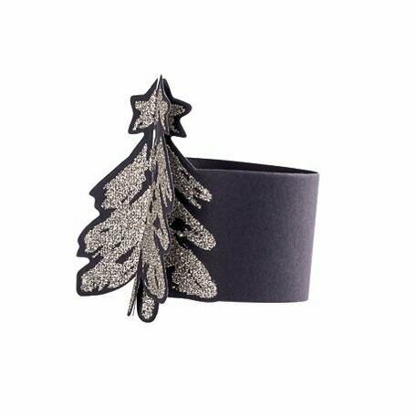 ROND DE SERVIETTE SAPIN NOIR MAT PAILLETTES CHAMPAGNE 7.6X21CM (x8)