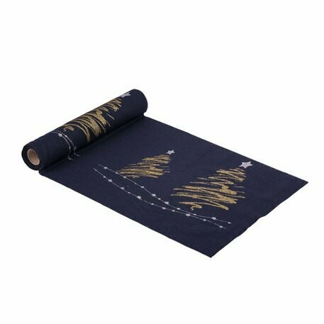 CHEMIN DE TABLE SAPIN LIN MARINE PAILLETTES ARGENT ET OR 28CMX3M