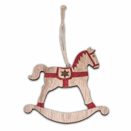 SUSPENSION CHEVAL A BASCULE BOIS PAILLETTES ROUGES 12 CM