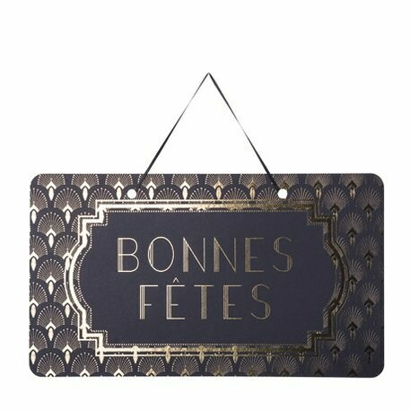 PANCARTE BONNES FETES PLUME DE PAON NOIR FLOQUE OR 47X26CM RECTO/VERSO