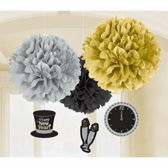 POMPONS HAPPY NEW YEAR OR, ARGENT ET NOIR (x3) POMPONS HAPPY NEW YEAR OR, ARGENT ET NOIR (x3)