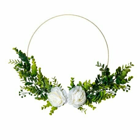 COURONNE D'EUCALYPTUS ET PIVOINES BLANCHES CERLE METAL OR DIAM 30CM