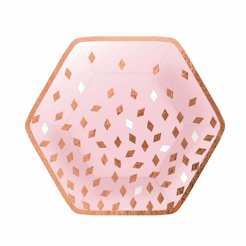 ASSIETTE HEXAGONALE ROSE CONFETTIS OR 23CM (x8)