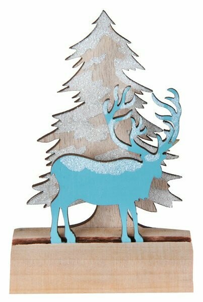 CERF SUR BUCHE BLEU GLACIAL BOIS 11CM
