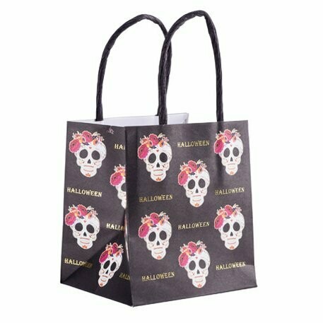 SAC HALLOWEEN CALAVERA NOIR COLORE FLOQUE OR 8X9X10CM (x6)