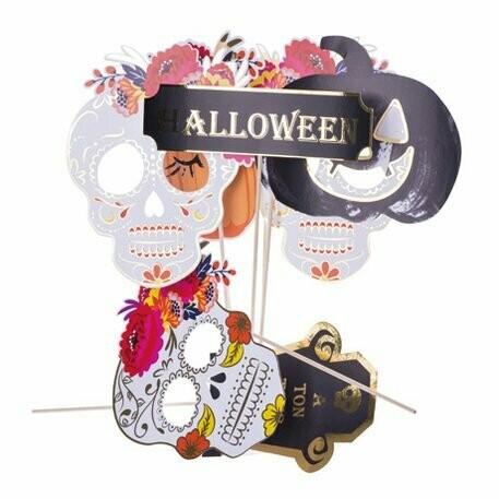 KIT PHOTOBOOTH HALLOWEEN CALAVERA COLORE FLOQUE OR 7 PIECES