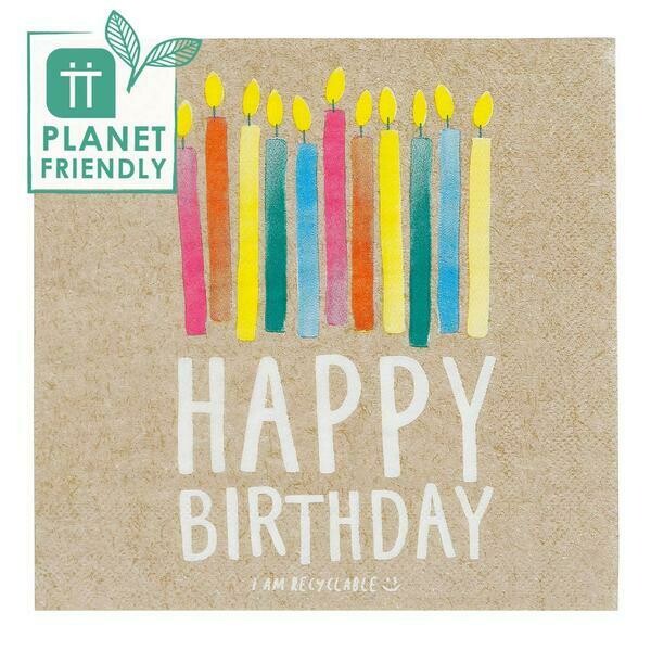 SERVIETTE KRAFT HAPPY BIRTHDAY ET MOTIF BOUGIES DE COULEURS 33CM (x20)