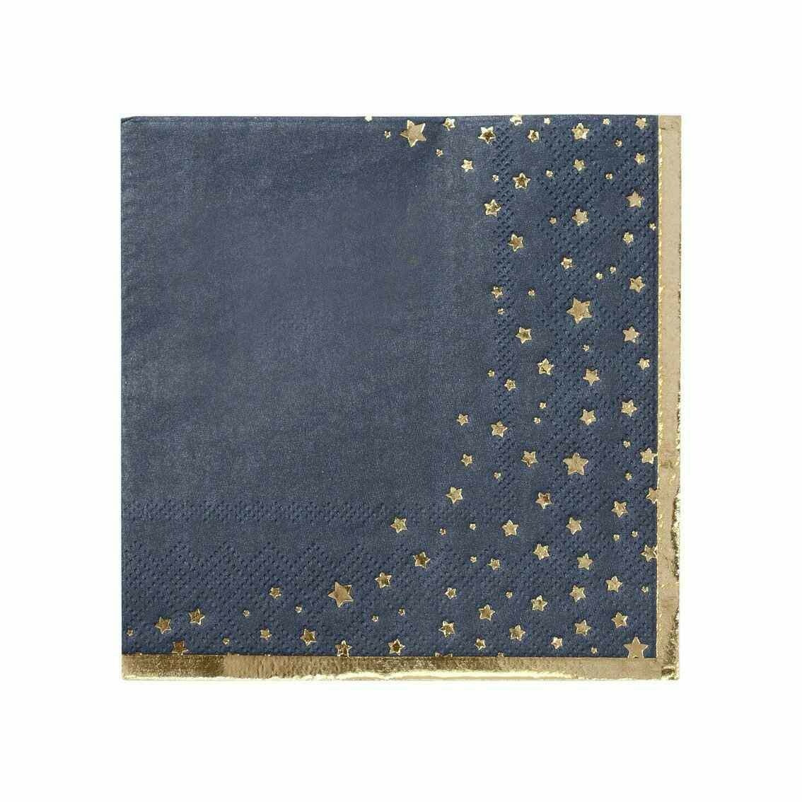 SERVIETTE COCKTAIL MARINE ET ETOILES DOREES 25CM (x16)