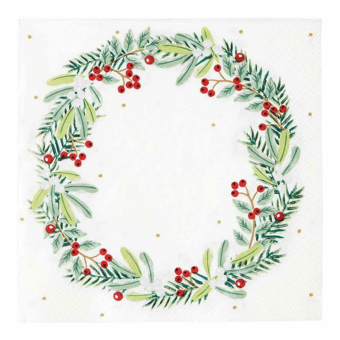 SERVIETTE BLANCHE COURONNE SAPIN ET BAIES ROUGES 33x33CM (x20)