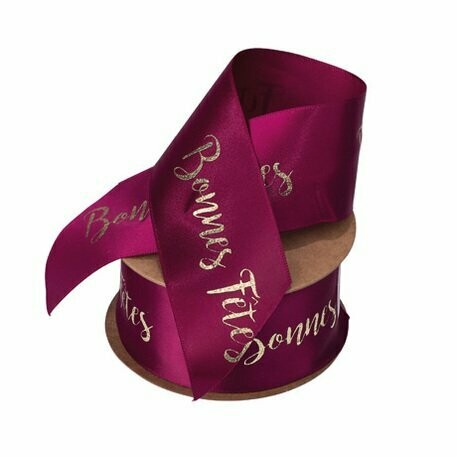 RUBAN SATIN MARSALA BONNES FETES FLOQUE OR 3.8CMx10M