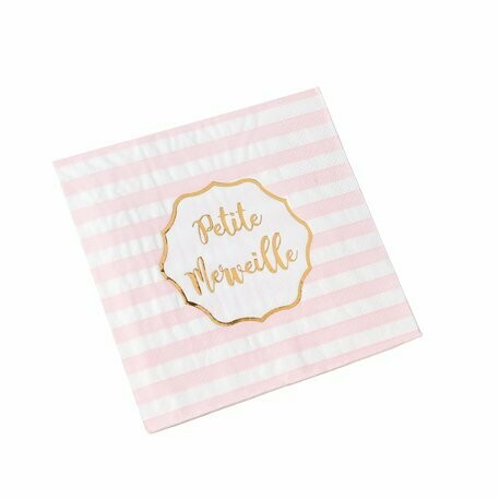 SERVIETTE PETITE MERVEILLE RAYE BLANC, ROSE DORURE OR 33X33CM 3PLIS (X16)