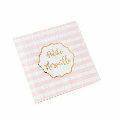 SERVIETTE PETITE MERVEILLE RAYE BLANC, ROSE DORURE OR 33X33CM 3PLIS (X16)