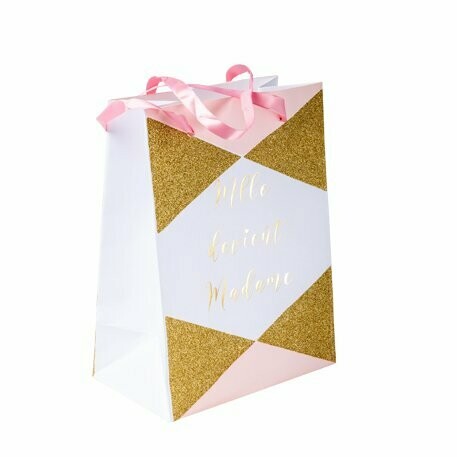 SAC MLLE DEVIENT MADAME ROSE, BLANC ET OR 15X20CM (x4)
