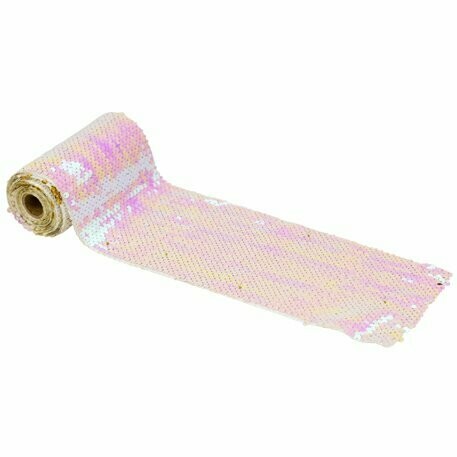 RUBAN DE TABLE SEQUINS BLANC IRIDESCENT ET OR 12CM X 3M
