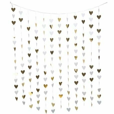 RIDEAU DE PETITS COEURS BLANC ET OR 2M X 1.80M ET COEURS 7X7CM