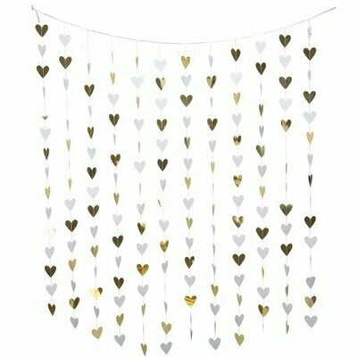 RIDEAU DE PETITS COEURS BLANC ET OR 2M X 1.80M ET COEURS 7X7CM