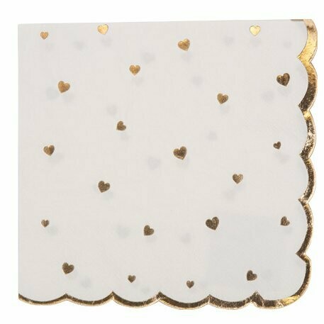SERVIETTE PETITS COEURS BLANC ET OR 3 PLIS 33X33CM (x16)