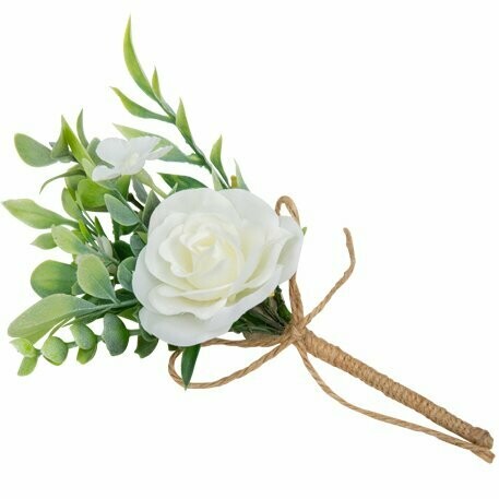 BOUQUET FEUILLAGE ET ROSE BLANCHE 15CM + NOEUD FICELLE