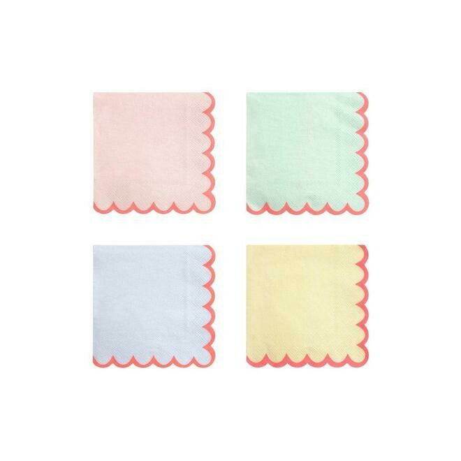 SERVIETTE COCKTAIL 4 COULEURS PASTEL ASSORTIES LISERE ROSE BORD BISCUIT (x20)