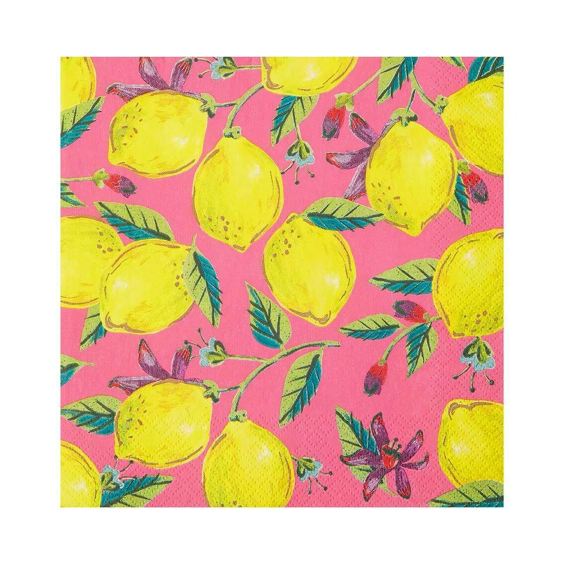 SERVIETTE CITRONS FOND ROSE 33CM (x20)