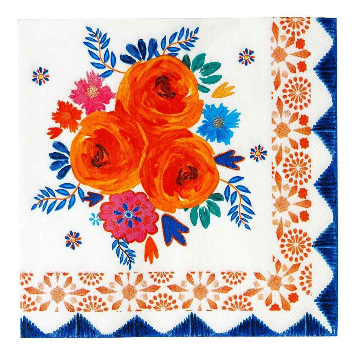 SERVIETTE FLEURS BORD BLEU 33CM (x20)