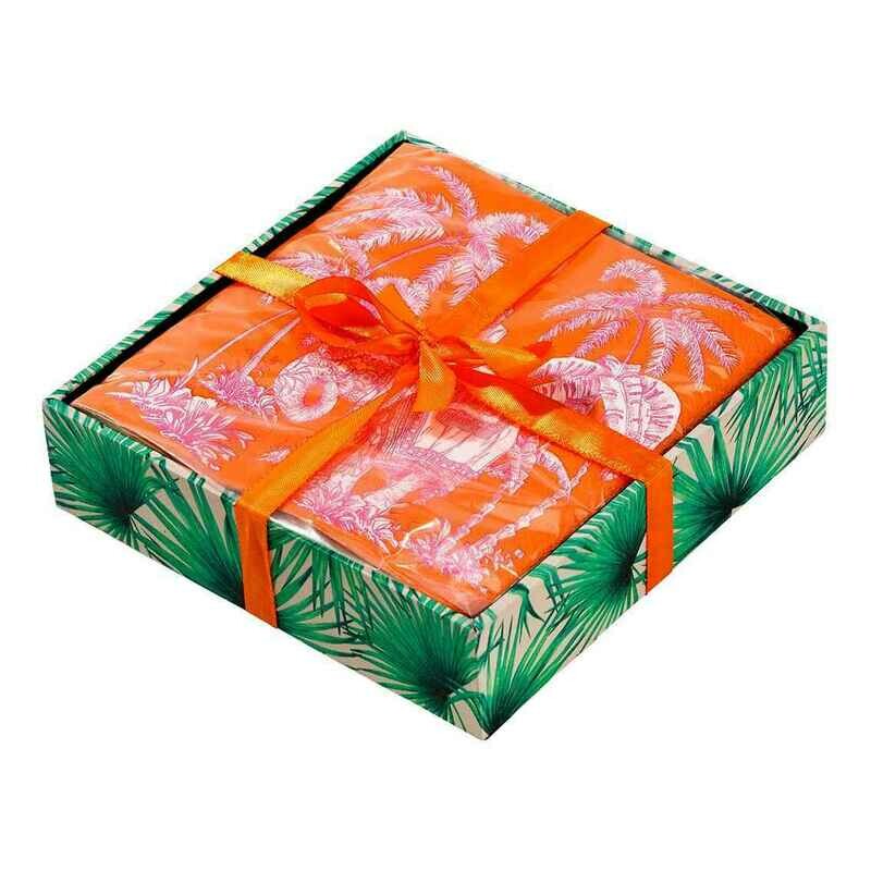SUPPORT A SERVIETTES FEUILLE DE PALMIER + 40 SERVIETTES ORANGE MOTIF ELEPHANT 33CM
