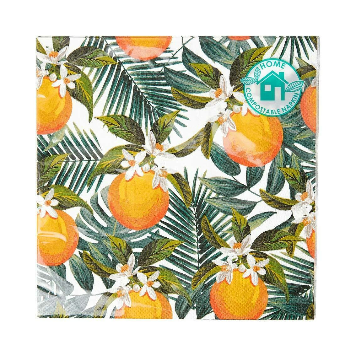 SERVIETTE FEUILLES TROPICALES ET ORANGES 33CM (x20)