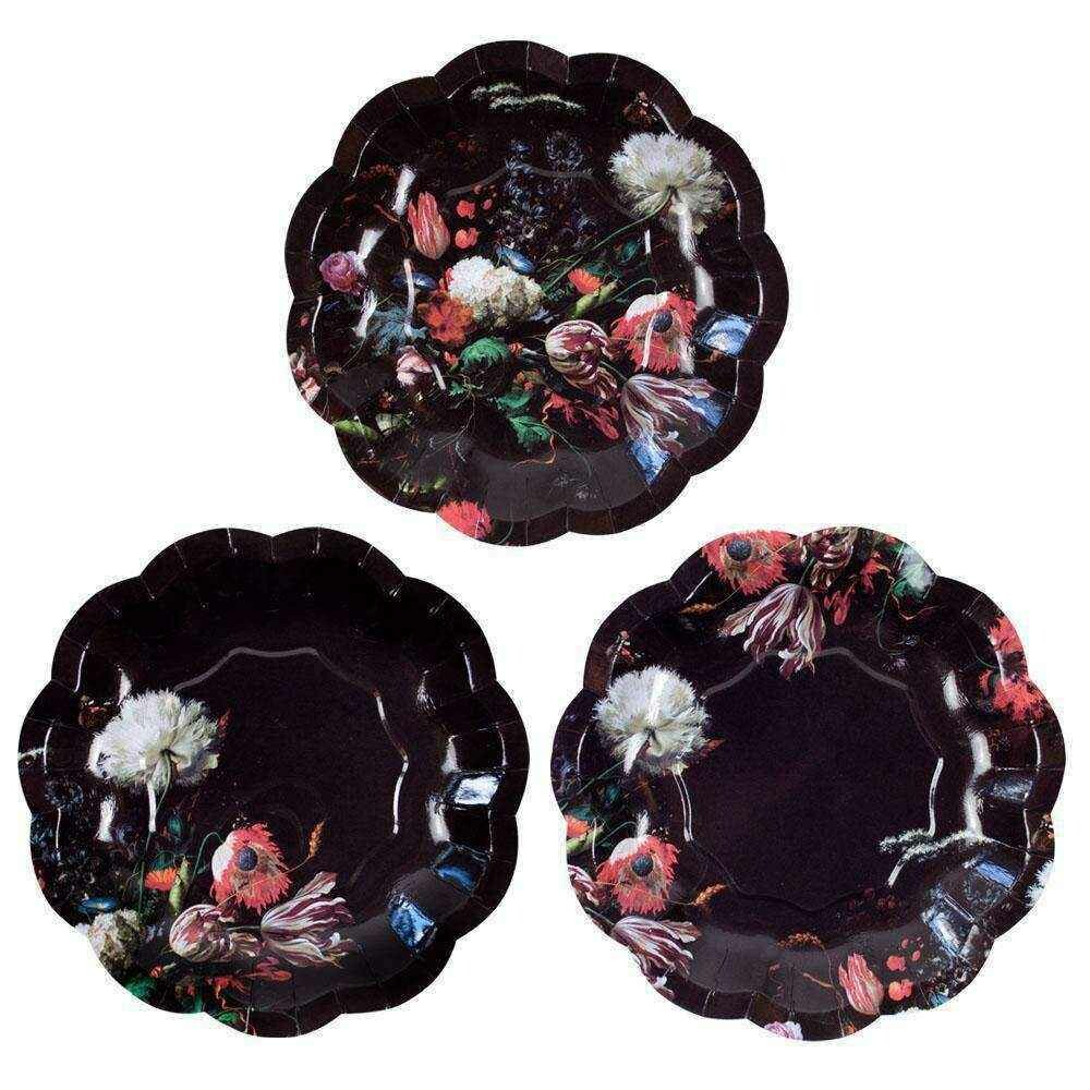 ASSIETTE RONDE NOIRE ET FLEURS 3 MODELES 18CM (x12)