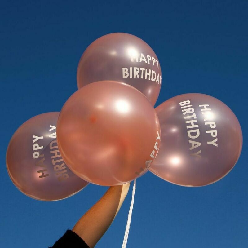 BALLON ROSE GOLD HAPPY BIRTHDAY BLANC 30CM ET 3M RUBAN (x5)