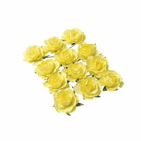 ROSES 3.5CM JAUNE SUR TIGE PAPIER (x12)