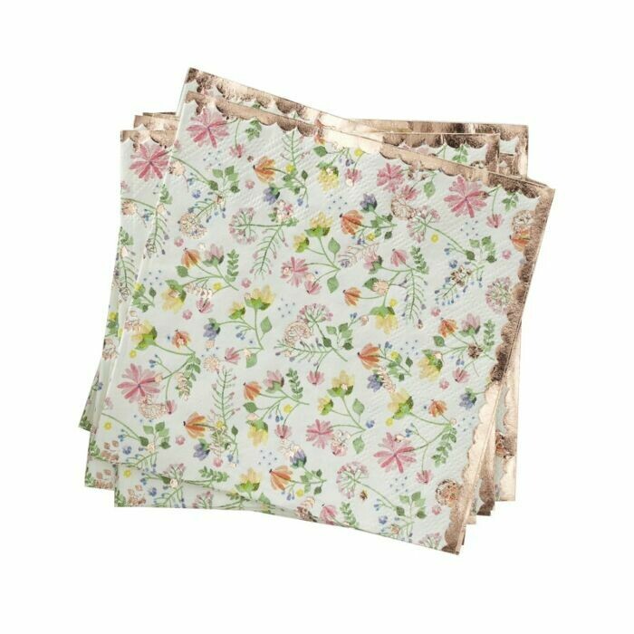 SERVIETTE COCKTAIL FLEURS LISERE ROSE GOLD (x16)