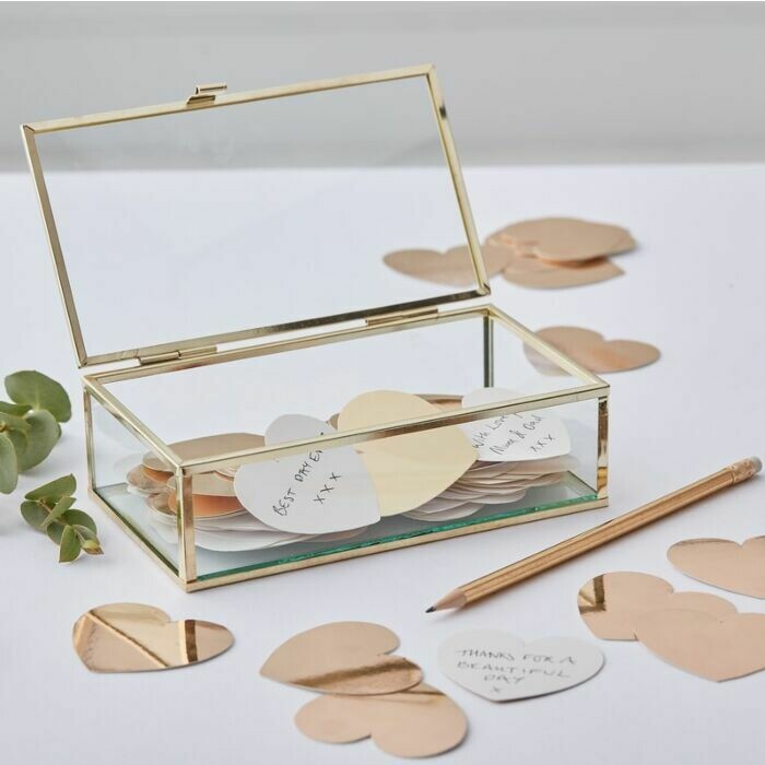 LIVRE D'OR BOITE TRANSPARENTE ET OR 19x6x10CM + 160 COEURS PAPIERS