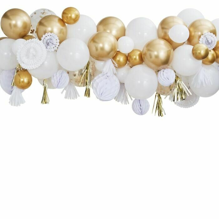 ARCHE 80 BALLONS OR ET BLANC + 9 TASSELS DORES ET BLANCS + 5 EVENTAILS + 5 BOULES ALVEOLEES