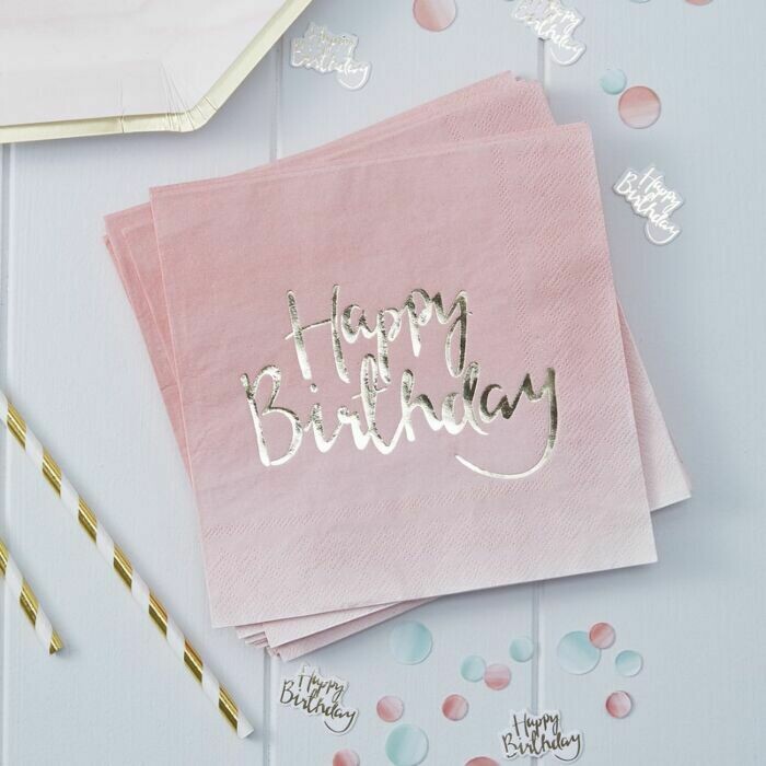 SERVIETTE ROSE "HAPPY BIRTHDAY" DORE 33CM (x20)