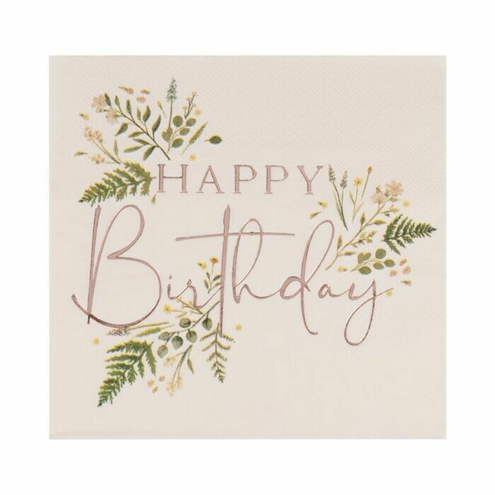 SERVIETTE ROSE ET FEUILLAGE "HAPPY BIRTHDAY" 33CM (x16)