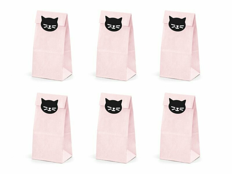 SAC A FRIANDISES ROSE POUDRE ET STICKERS CHAT 8X18X6CM (x6)