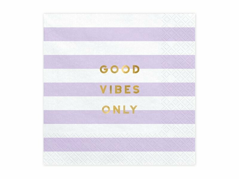 SERVIETTE BLANCHE RAYURES LILA "GOOD VIBES ONLY" DORE 33CM (x20)