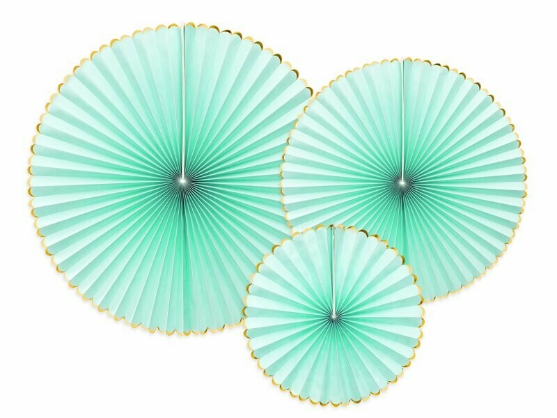 EVENTAIL MENTHE LISERE OR 40, 32 ET 23CM (x3)