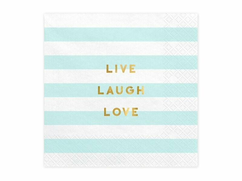 SERVIETTE BLANCHE RAYURES BLEU CIEL "LIVE LAUGH LOVE" DORE 33CM (x20)