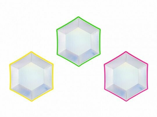 ASSIETTE HEXAGONALE HOLOGRAPHIQUE LISERE COULEURS 20CM (X6)