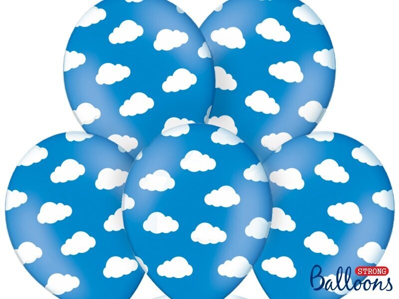 BALLON BLEU NUAGES BLANCS 30CM (x6)