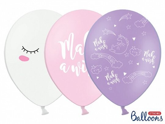 BALLONS ASSORTIS HAPPY SLEEPY, LICORNE ET MAKE A WISH 30CM (x6)