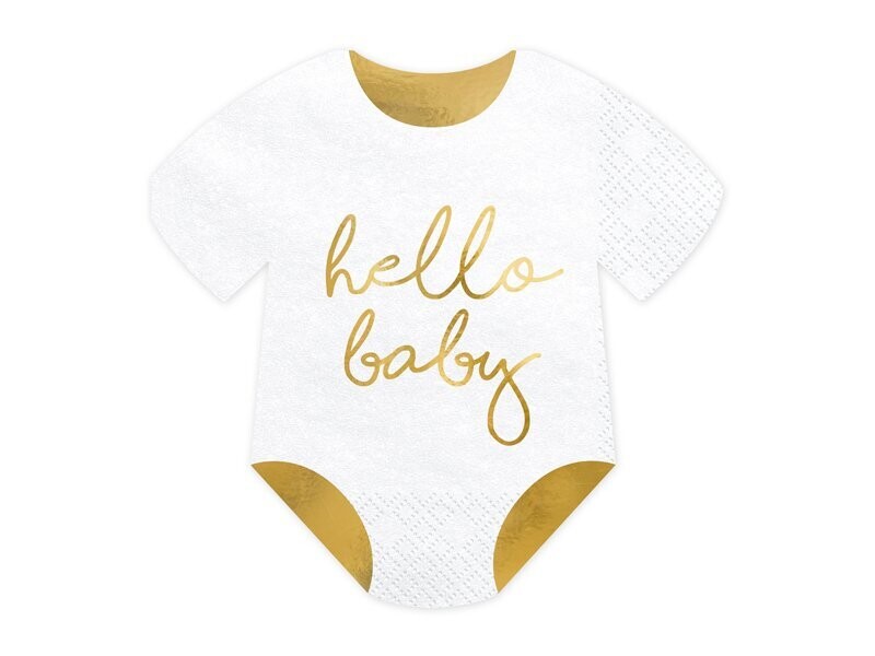 SERVIETTE FORME BODY BLANC ET OR "HELLO BABY" 16CM (x20)