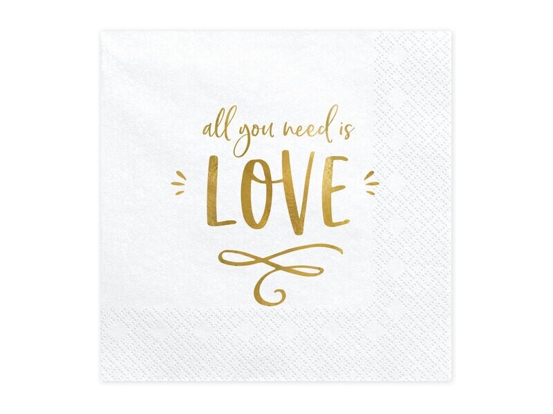 SERVIETTE BLANCHE "ALL YOU NEED IS LOVE" OR 33CM (x20)