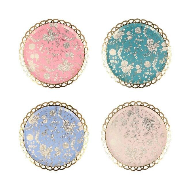 ASSIETTE RONDE JARDIN ANGLAIS BORD DENTELLE OR 4 MODELES ASSORTIS 23CM (x8)